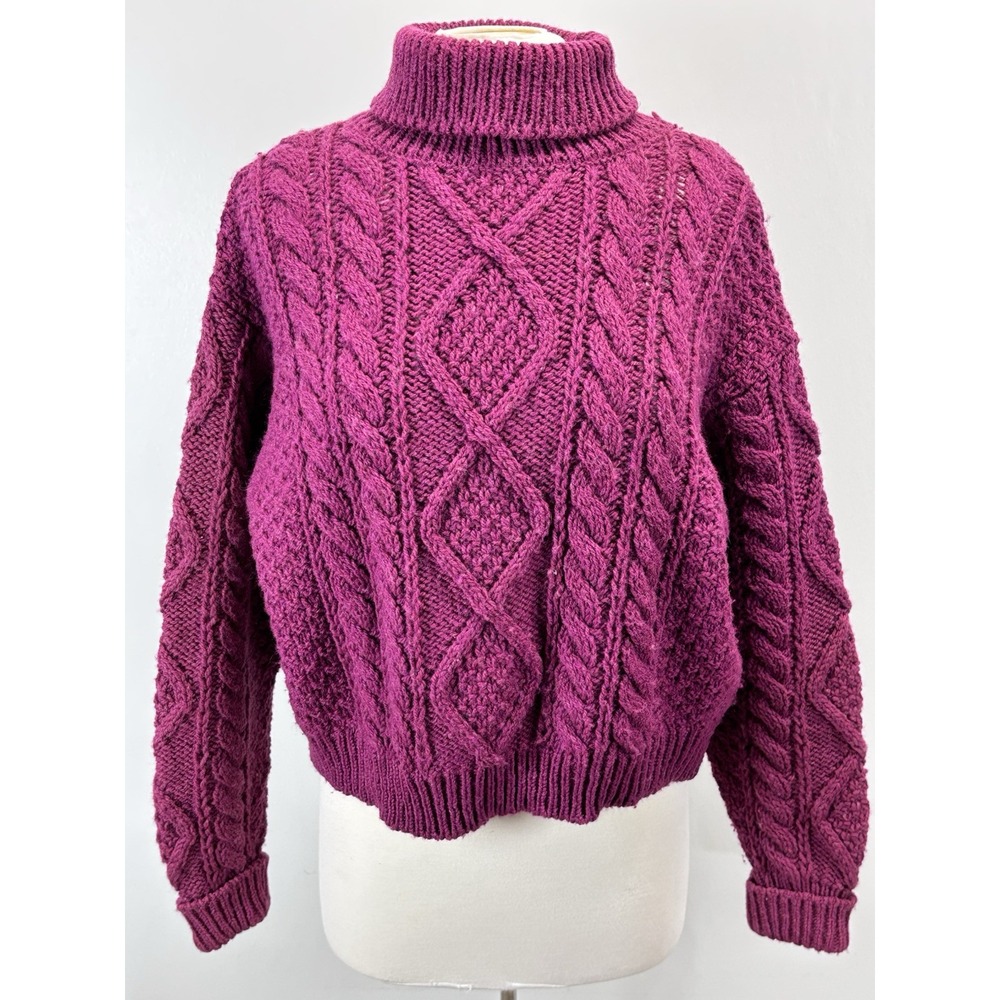 Vtg Laura Ashley Wool Fisherman Crop Sweater Sz S/M Women's Turtleneck Scotland